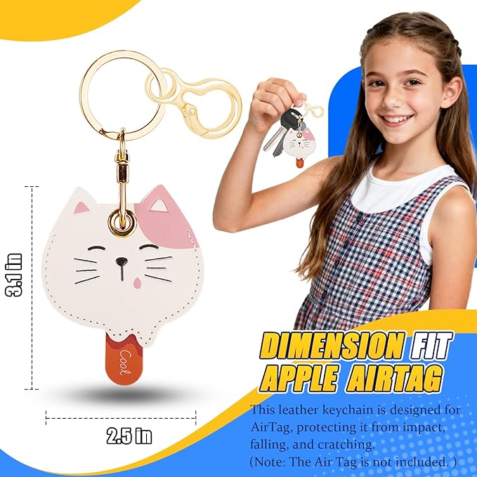 Leather Keychain for Airtag, Cute Protective Keychain Holder Compatible with Apple Air Tag,GPS Item Tracker Case Cover for Keys,Bags,Pets,Luggage(Cat)