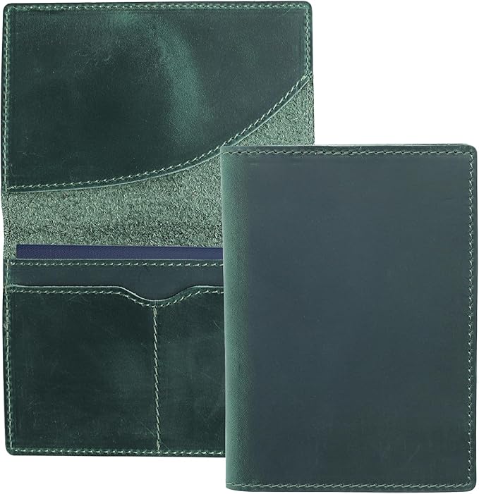 Leather Passport Holder with Travel Wallet, Genuine Leather Passport Cover- Passport Wallet, Leather Folding Wallet for Passports (Oval Cut, Green)
