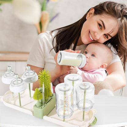 Portable 7-in-1 Baby Bottle Brush Set, Travel Cleaner Kit for Travel and Home, All-in-One Travel Baby Bottle Washing Kit: Integrated Cleaning & Drying System for Bottles and Breast Pump Parts (Green)
