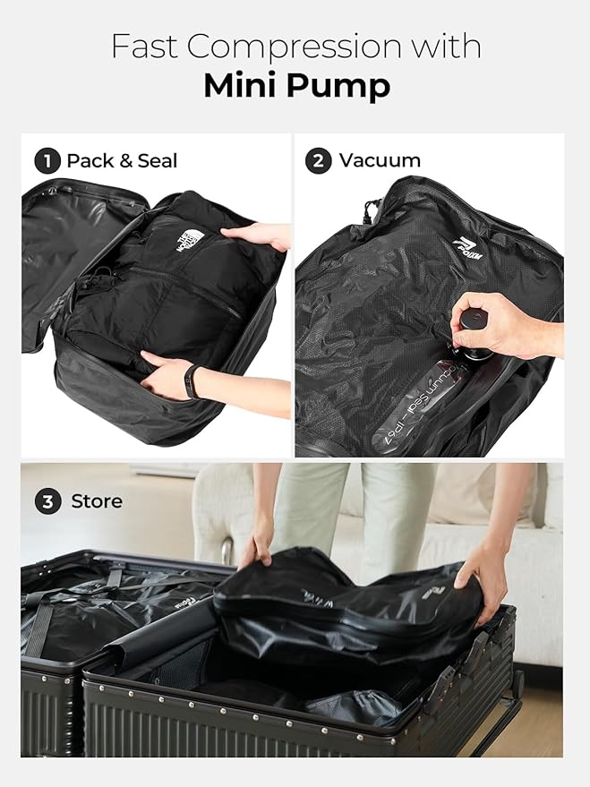 Vacuum Bags for Travel with Wireless Pump, 180° Open Zipper, IP67 Waterproof, Reusable Space Saver Compression Bags for Backpack(3 Pack + Pump)