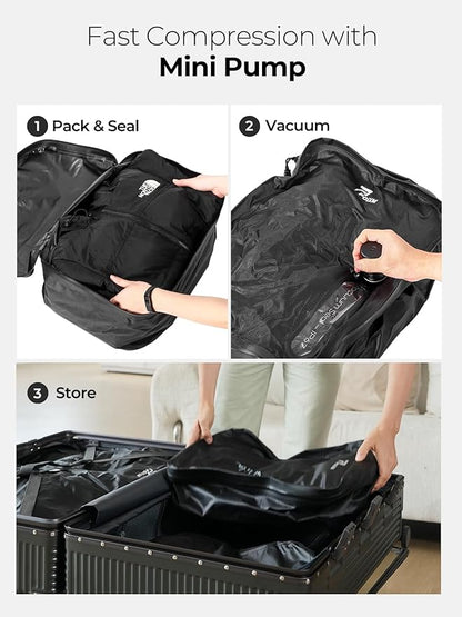 Vacuum Bags for Travel with Wireless Pump, 180° Open Zipper, IP67 Waterproof, Reusable Space Saver Compression Bags for Backpack(3 Pack + Pump)