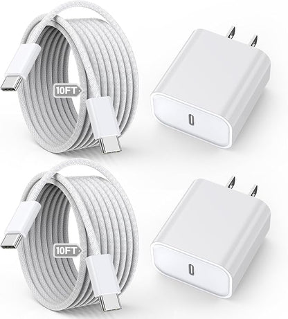 10FT Apple iPhone 17 16 15 Charger, 2-Pack Extra Long 10Foot USB C to Type C Charging Woven Cable Cord 20W USB C Charger Block Cube Super Quick Charging for iPhone 17 16 15 Pro/Plus/ProMax,iPadPro/Air
