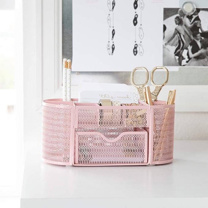 BLU MONACO Pink Desk Organizer | Strong Metal Desktop Organizer for Office Supplies | Light Pink Desk Accessories with 8 Compartments | Metal Mesh Stationery Holder for Home or Office