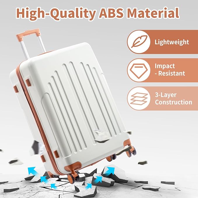Karl home Luggage Sets 3 Piece, ABS Hardside Suitcase Set with Double Spinner Wheels & TSA Lock for Travel Business, 3-Piece Set (20/24/28), White & Brown