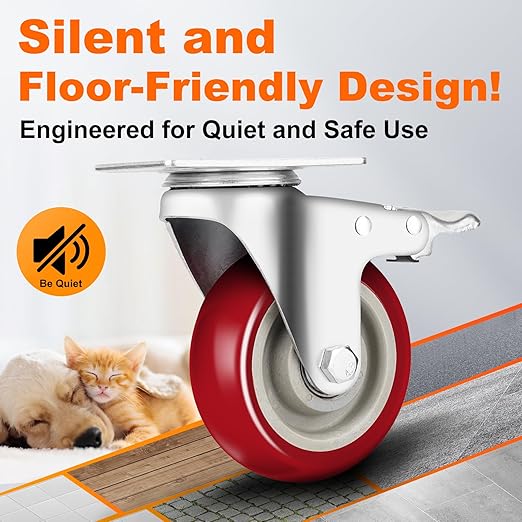 5 Inch Heavy Duty Caster Set of 4, Swivel Plate Castor Wheels with Dual Locking Brakes, Silent Polyurethane (PU) Wheels, 360 Rotation, 2800lbs Load Capacity
