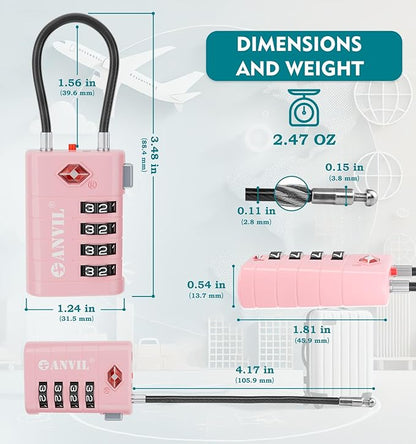 ANVIL 4 Digit Luggage Locks, TSA Locks for Luggage, Advanced TSA008 core, Alert Indicator for Your Travel Lock, Suitcase Lock. (3, Pink)
