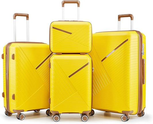 Merax Luggage 4 Piece Set Hardside Expandable Suitcase Set with Case,Travel Luggagewith Spinner Wheels,Airplane Approved Carry On Luggage Sets,Yellow,14/20/24/28