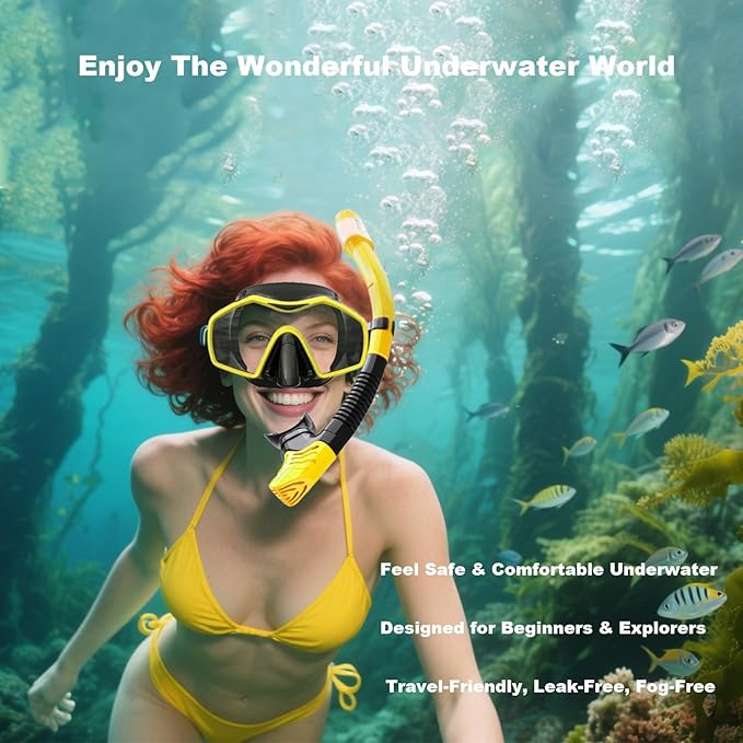 Snorkeling Gear for Adults,Dry-Top Snorkel Mask Set with Tempered Glass,Anti-Fog & Anti-Leak Panoramic Swim Mask,Adjustable Snorkel Kit with Carry Bag for Scuba Diving,Swimming,Travel