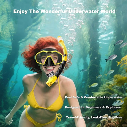 Snorkeling Gear for Adults,Dry-Top Snorkel Mask Set with Tempered Glass,Anti-Fog & Anti-Leak Panoramic Swim Mask,Adjustable Snorkel Kit with Carry Bag for Scuba Diving,Swimming,Travel