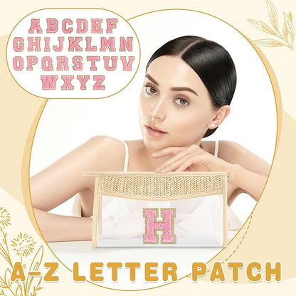 Small Boho Straw Initial Letter Makeup Bag Personalized Gift ,Cute Clear Chenille Patch Makeup Bag With Zipper,Trendy TSA Approved Travel Toiletry Bag,Gift for Women Girls Birthday Friend, Letter H