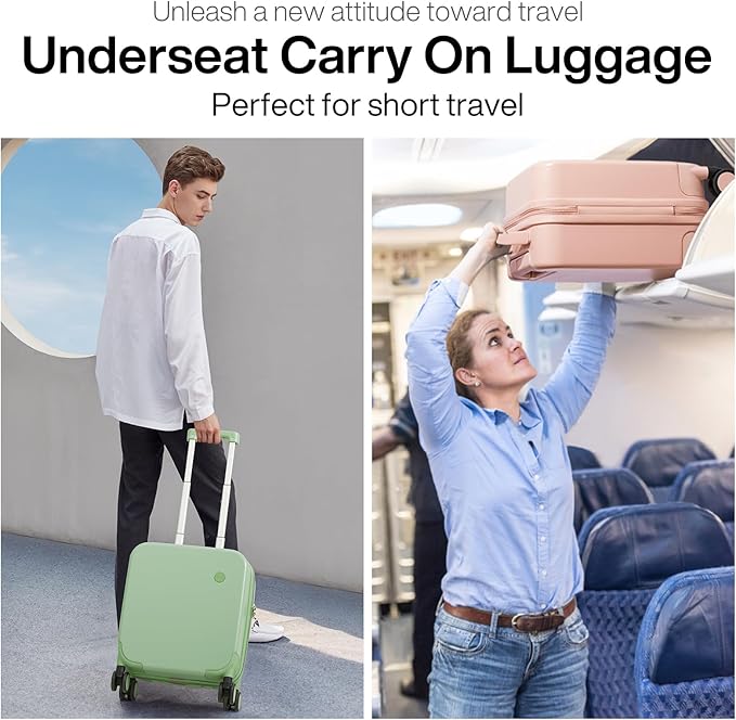 mixi 14 Inch Underseat Luggage Carry on Suitcase Free Boarding Personal Item Suitcases with Spinner Wheels Hardshell Lightweight PC for Short Travel, Avocado Green