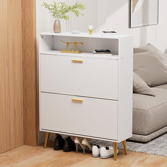 JOZZBY Shoe Cabinet for Entryway, White Narrow Shoe Storage Cabinet with 2 Flip Drawers, Freestanding Hidden Shoe Rack Storage with Open Shelves for Hallway, Living Room