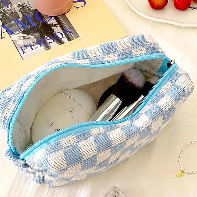 48 PACK Checkered Makeup Bag- Bulk Bridesmaid Proposal Gifts Makeup Pouch for Wedding Party Favors Bachelorette Party Decorations Toiletry Organizer Bag Cosmetic Case Gift (Blue)
