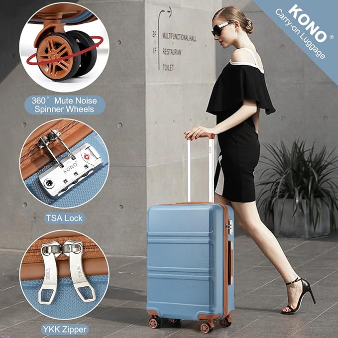 Kono 24 Inch Luggage Suitcase with Spinner Wheels TSA Lock Lightweight PC+ABS Hardside Medium Checked Luggage Durable Rolling Suitcase Apricot Blue