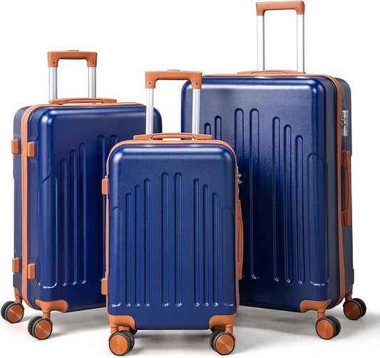Karl home Luggage Sets 3 Piece, ABS Hardside Suitcase Set with Double Spinner Wheels & TSA Lock for Travel Business, 3-Piece Set (20/24/28), Navy Blue & Brown