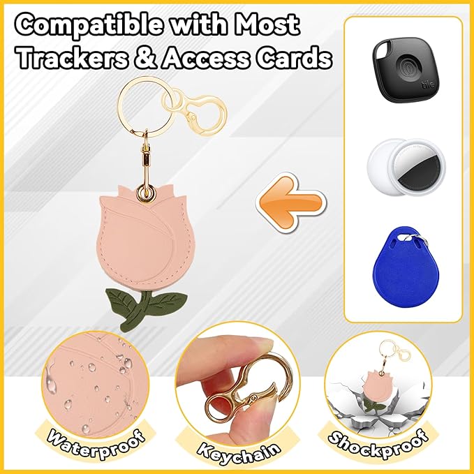 Leather Keychain for Airtag, Cute Protective Keychain Holder Compatible with Apple Air Tag,GPS Item Tracker Case Cover for Keys,Bags,Pets,Luggage(Rose)