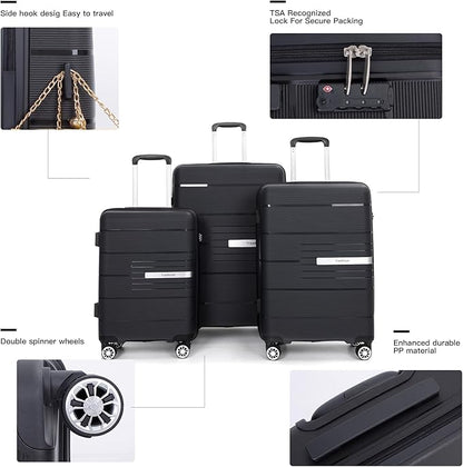 Luggage 3 Piece Sets Suitcase Set with Double Spinner Wheels, Lightweight Carry On Hardside Travel Luggage with TSA Lock, (20/24/28) (Black)