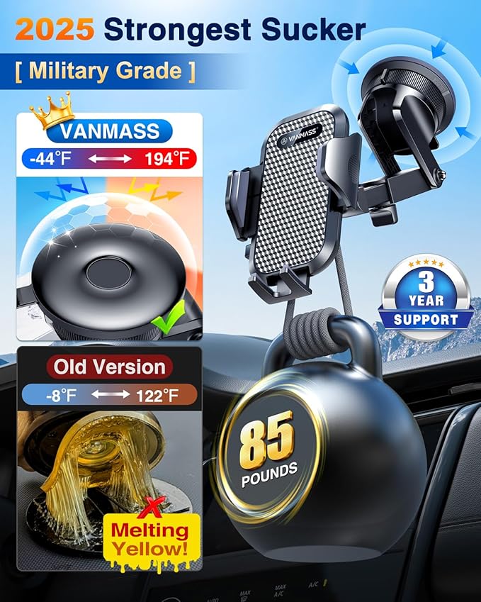 VANMASS [Pro Version] Universal Car Phone Mount [2025 Super Suction Cup] Phone Holder for Car, Cell Phone Car Mount for Windshield Dash Vent Truck Stand for iPhone 17 Pro Max 16 15 14 Samsung Android
