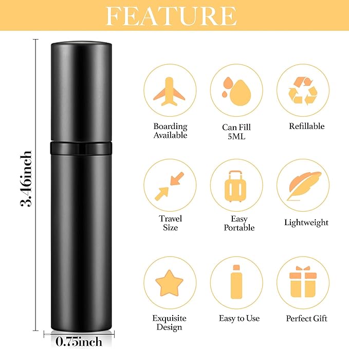 2PCS Perfume Travel Refillable Bottle, Bottom-Filling Fragrances Perfume Atomizer, Empty Mini Cologne Dispenser, Portable Sprayer Pocket Size for On the Go 5ml (Black)