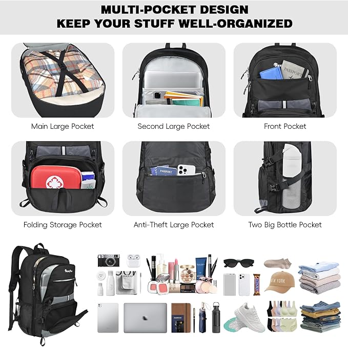 Seektop Lightweight Travel Backpack for Men Women, Multiple Pockets 40L Hiking Backpack Foldable Carry on Backpack for Outdoor Camping Sport Leisure (Black)