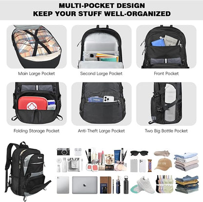 Seektop Lightweight Travel Backpack for Men Women, Multiple Pockets 40L Hiking Backpack Foldable Carry on Backpack for Outdoor Camping Sport Leisure (Black)