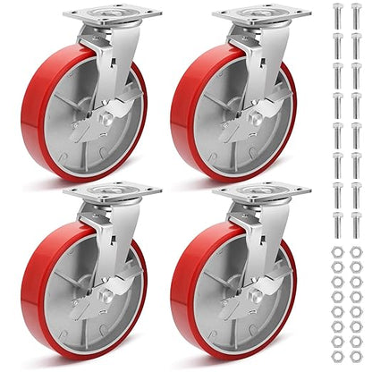 Nefish 8 Inch Heavy Duty Industrial Grade Casters Wheels, Aluminum Core PU Castor Set of 4, Durable Plate Swivel Casters with Brake 6000 LBS, Anti-Corrosion Wheels for Industrial, Equipment