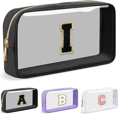 Personalized Initial Letter Clear Makeup Bag,Preppy Small Nylon&PVC Cosmetic Zipper Bag with Chenille Letter,Travel Skincare Toiletry Bag,Monogram Christmas Gift for Teen Girls Women,I