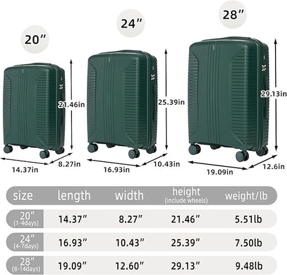Campfun 3 Piece Luggage Sets, PP Suitcase Set with Double Spinner Wheels Hang Hook, Durable Carry On Luggage with Combination Lock, 20/24/28 inch, Green