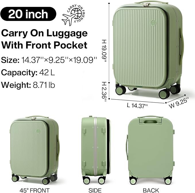 mixi Carry On Luggage, 20'' Suitcases with Spinner Wheels, Rolling Travel Suitcase with Front Laptop Pocket Luggage Aluminum Frame PC Hardside with TSA Lock and Cover, Avocado Green