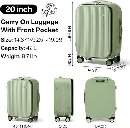 mixi Carry On Luggage, 20'' Suitcases with Spinner Wheels, Rolling Travel Suitcase with Front Laptop Pocket Luggage Aluminum Frame PC Hardside with TSA Lock and Cover, Avocado Green