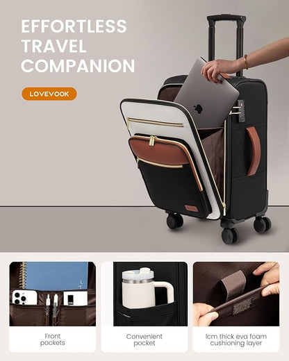 LOVEVOOK Carry on Suitcase 22x14x9 Airline Approved,20 inch Lightweight Waterproof Suitcases with 360° silent swivel wheels, TSA Lock and Compartment, Large Capacity travel Suitcase Apricot-Coffee