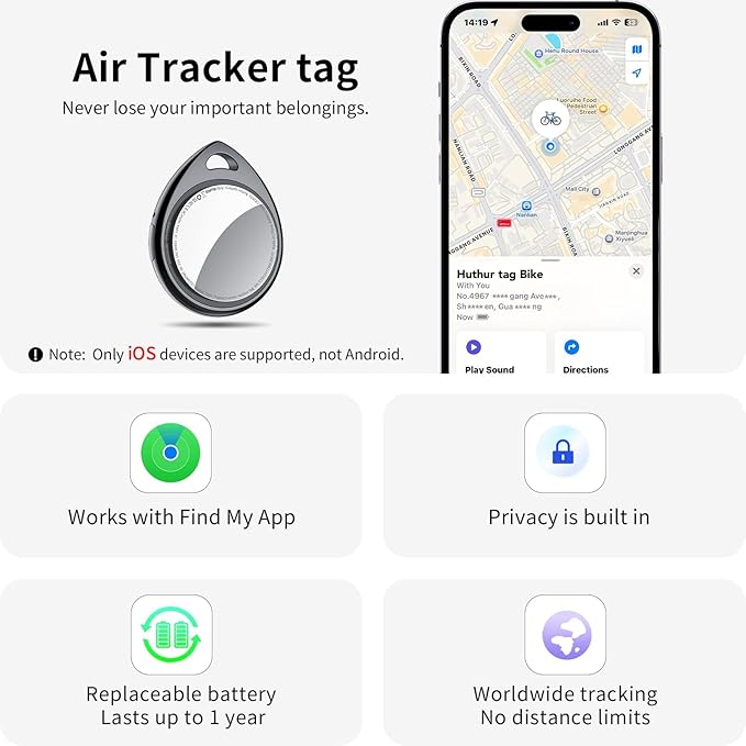 Tracker Tags-2 Pack Deep Black, 5.3 Bluetooth Tracker Work with Apple Find My (iOS Only), 100dB Sound, Smart Tag with Keychain/Lanyard, Item Finder for Luggage/Key/Suitcase, Replaceable Battery.