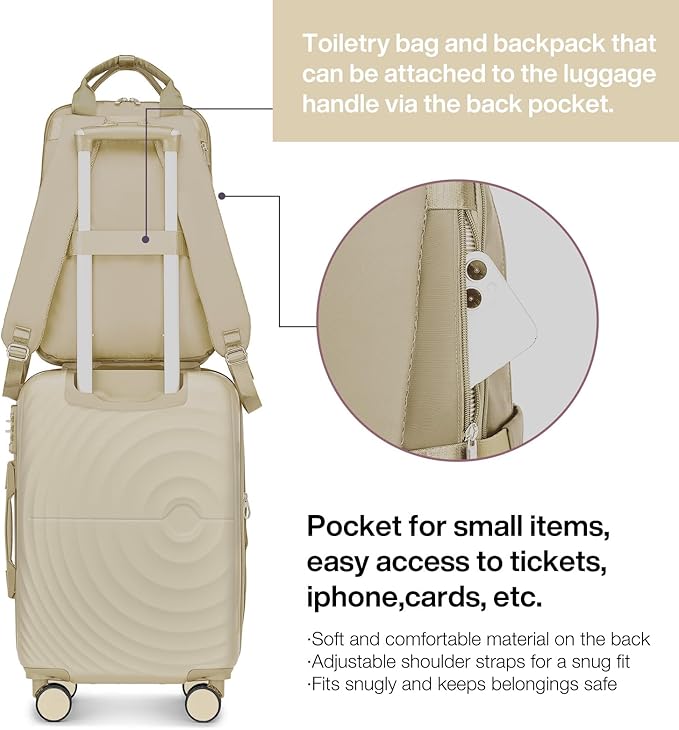 LARVENDER Carry On Luggage 22x14x9 Airline Approved, Expandable PP 20 inch Carry On Suitcases with Wheels, Lightweight Luggage Sets 3 Pieces for Women(CHAMPAGNE/20/BP/TB)