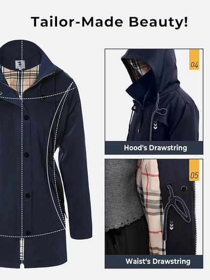 SaphiRose Women's Long Hooded Rain Jacket Outdoor Raincoat Windbreaker