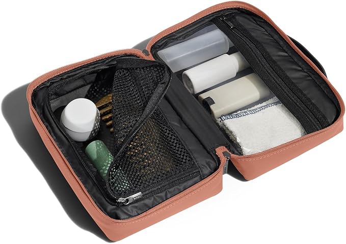 Away Small Toiletry Bag, Travel Essentials Organizer with Mesh and Clear Pockets, Waterproof, Easy to Clean, Compact Travel Pouch, Clay Pink