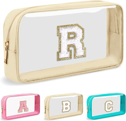 Personalized Initial Letter Clear Makeup Bag,Preppy Small Nylon&PVC Cosmetic Zipper Bag with Chenille Letter,Portable Beach Travel Skincare Toiletry Bag,Trendy Monogram Gift for Teen Girls Women,R