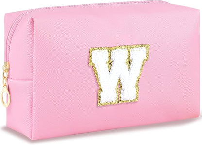 Initial Makeup Bag Personalized Preppy Travel Small Cosmetic Bag Cute PU Pink Chenille Letter Makeup Pouch for Purse Waterproof Zippered Toiletry Organizer for Women Girls Kids Friends (W)