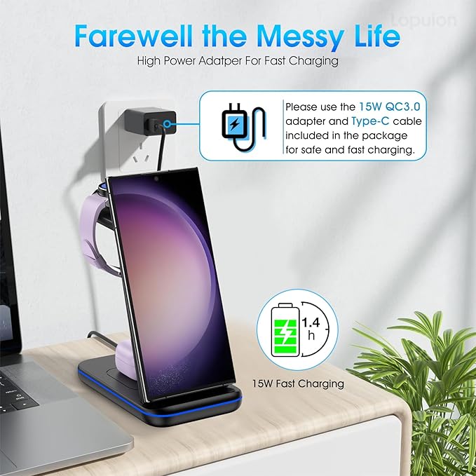 Wireless Charging Station for Samsung/Android, Fast Wireless Watch Charger Station Compatible for Samsung Galaxy S25 Ultra/S24/S23+/Z Flip 7/6 Fold 7/6, Watch8/7/Pro/Active 2 Galaxy Buds3/2 Pro(Black)