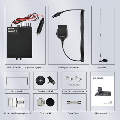 Retevis MB2 40-Channel AM/FM CB Radio Kit, Long Range Radio with Antenna for Trucker Stop, Emergency Channel 9/19, VOX, Easy to Use, with Cigarette Lighter Fixed-Mount