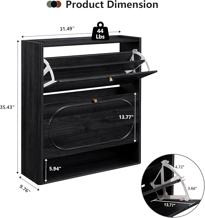 ORRD Shoe Storage Cabinet with 2 Flip Drawers Set of 2, Wood Narrow Shoe Cabinet for Entryway, Fluted Hidden Shoe Organizer, Freestanding Slim Shoes Cabinets for Foyer, Hallway-Black