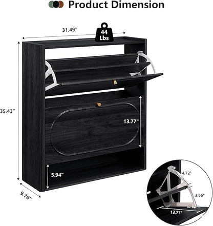 ORRD Shoe Storage Cabinet with 2 Flip Drawers, Wood Narrow Shoe Cabinet for Entryway, Fluted Hidden Shoe Organizer, Freestanding Slim Shoes Cabinets for Foyer, Hallway-Black
