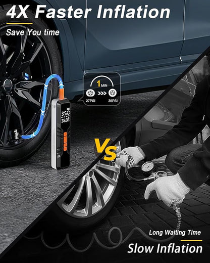 Tire Inflator Portable Air Compressor - 150PSI Cordless Air Pump for Car Tires, Portable Tire Inflator for Car, DC 12V Air Compressor with Pressure Gauge/LED Light for Auto/Bike/Motorcycle/Ball