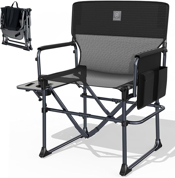 EVER ADVANCED Camping Directors' Chair with Side Table, Portable Folding with Compact Size, Breathable & Quick Dry Design Heavy Duty Lawn Chair with Pocket, 400lbs, Textilene Mesh, Black