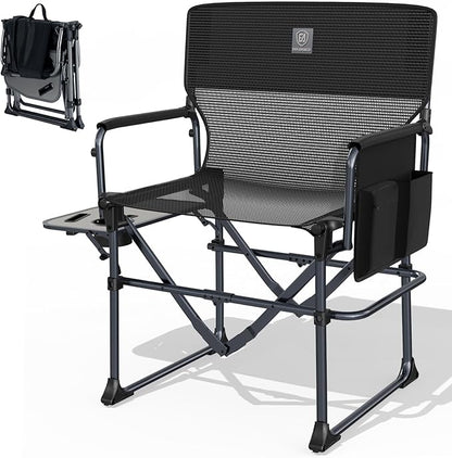 EVER ADVANCED Camping Directors' Chair with Side Table, Portable Folding with Compact Size, Breathable & Quick Dry Design Heavy Duty Lawn Chair with Pocket, 400lbs, Textilene Mesh, Black