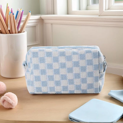48 PACK Checkered Makeup Bag- Bulk Bridesmaid Proposal Gifts Makeup Pouch for Wedding Party Favors Bachelorette Party Decorations Toiletry Organizer Bag Cosmetic Case Gift (Blue)