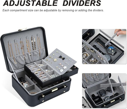 Travel Jewelry Box Jewelry Storage Case Jewelry Suitcase for Women and Men 2 Layer Jewelry Organizer Box with Removable Tray (Black)