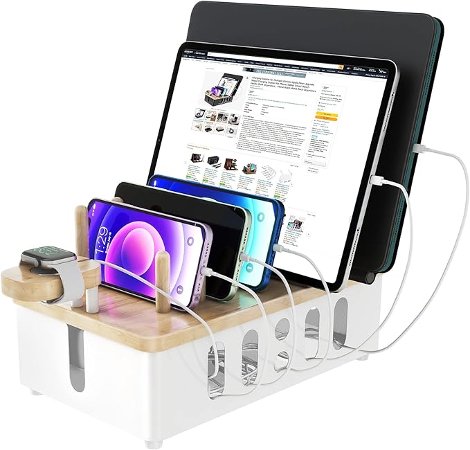 Charging Station for Multiple Devices Apple,New Upgrade Wood Charging Station for Phone Tablet Smart Watch Holder Desk Organizers，Dock Device Organizer White