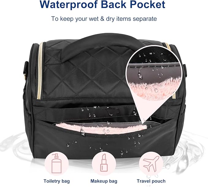 Travel Toiletry Bag Large Cosmetic Makeup Bag Organizer for Women,Wide-open Make Up Bag Waterproof Makeup Case Travel Bag with Handle and Dividers for Toiletries,Essentials,Accessories,Black