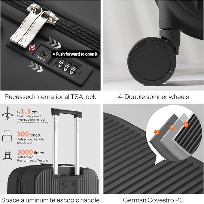 mixi Checked Luggage with Cup Phone Holder Hard Shell Rolling Travel Suitcases with Spinner Wheels,26 Inch Black