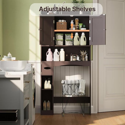Gizoon Over The Toilet Storage Cabinet, Over Toilet Bathroom Organizer with Adjustable Shelves and 2 Doors, Over Toilet Storage Cabinet with Paper Holder, 2 Side Hooks, Space-Saver, Dark Brown